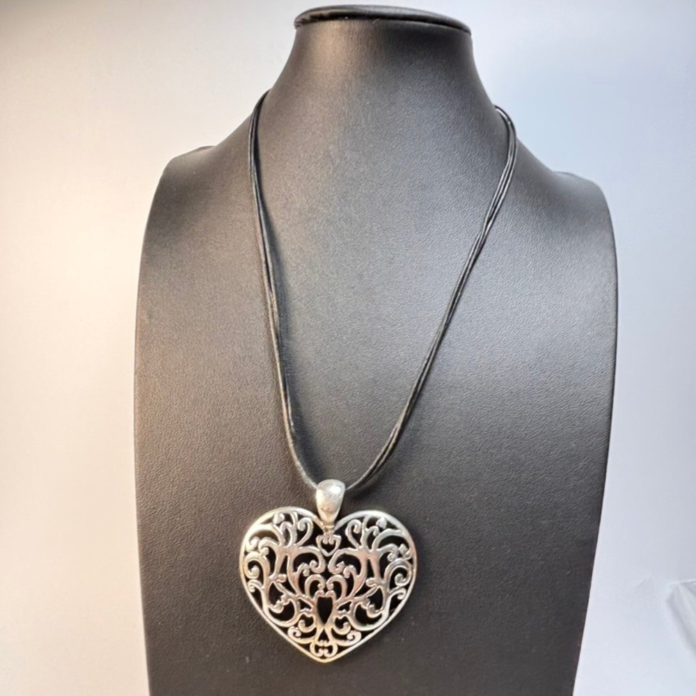 Heart Necklace Silver Filigree Large Statement Pendant Boho Whimsygoth Goth Cord